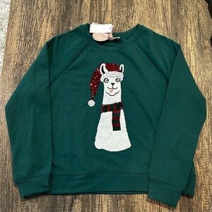 NWT Philosophy Green Sweatshirt with Festive Llama Design